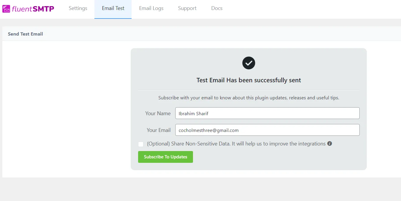 Fluent SMTP email test sent successfully