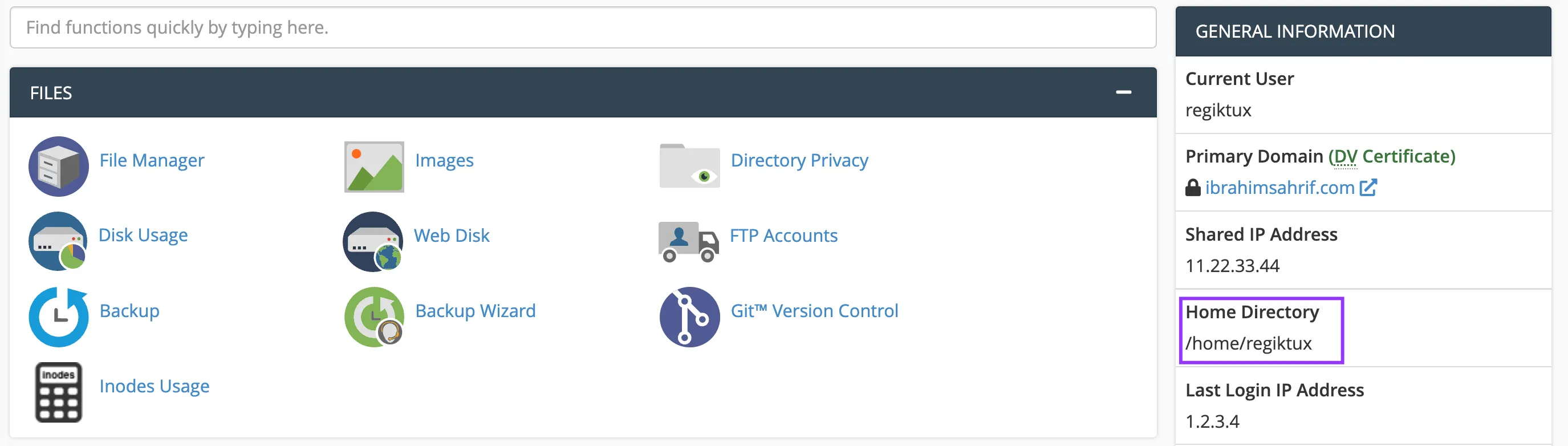 cPanel home directory info