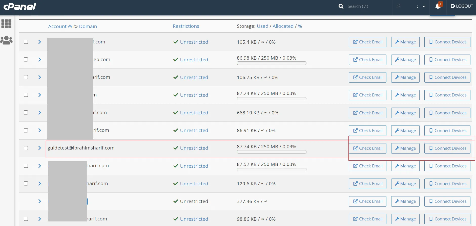 cPanel email accounts list