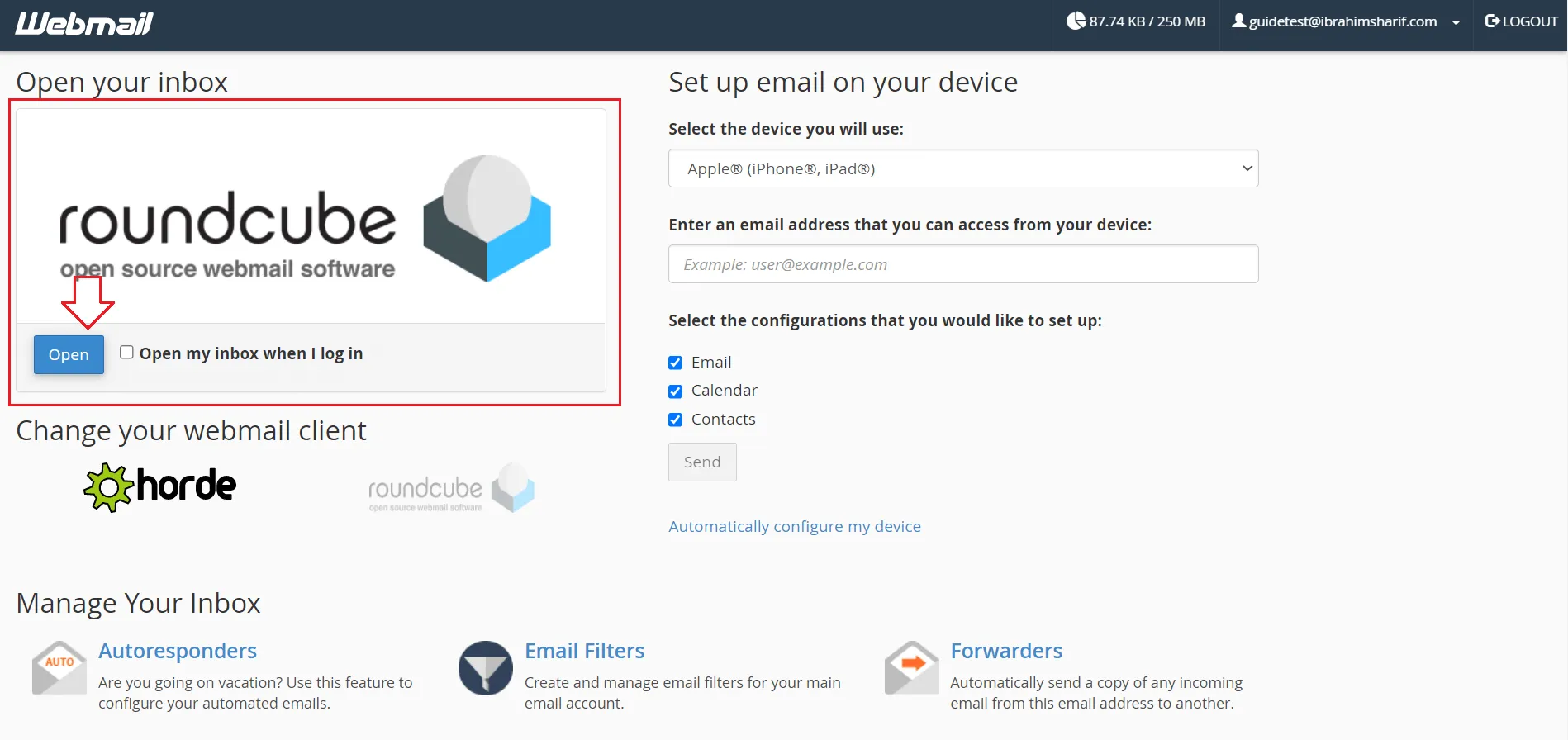 Select Roundcube as default email client in cPanel