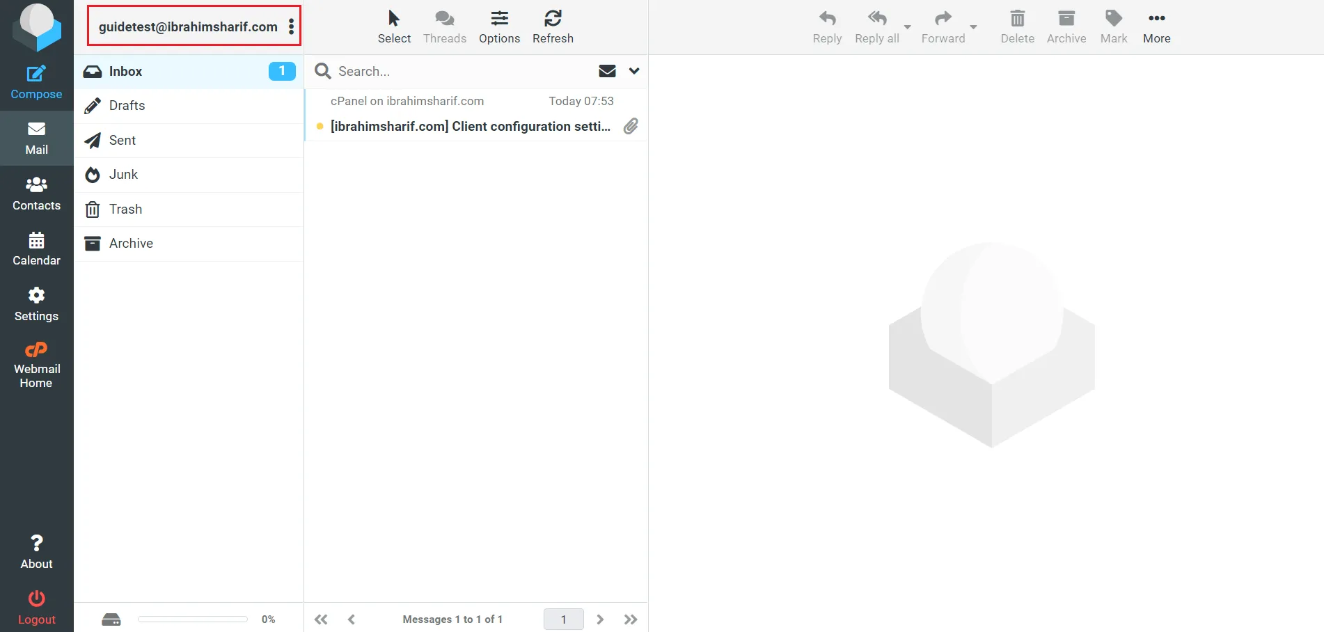 Roundcube email client dashboard in cPanel