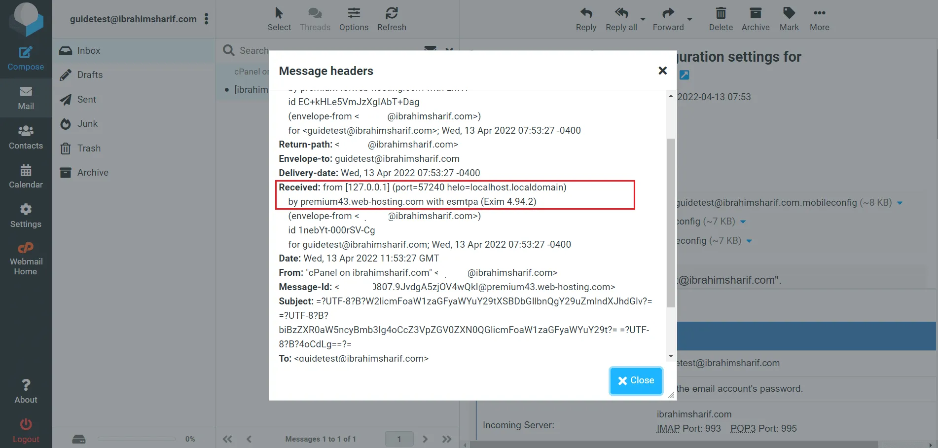 View all headers to find SMTP host in cPanel email