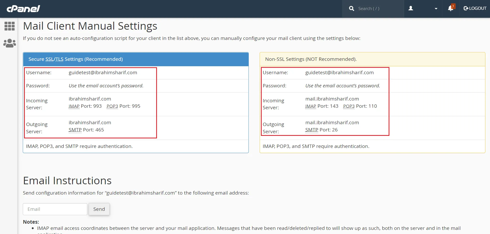 cPanel connect devices page showing SMTP details
