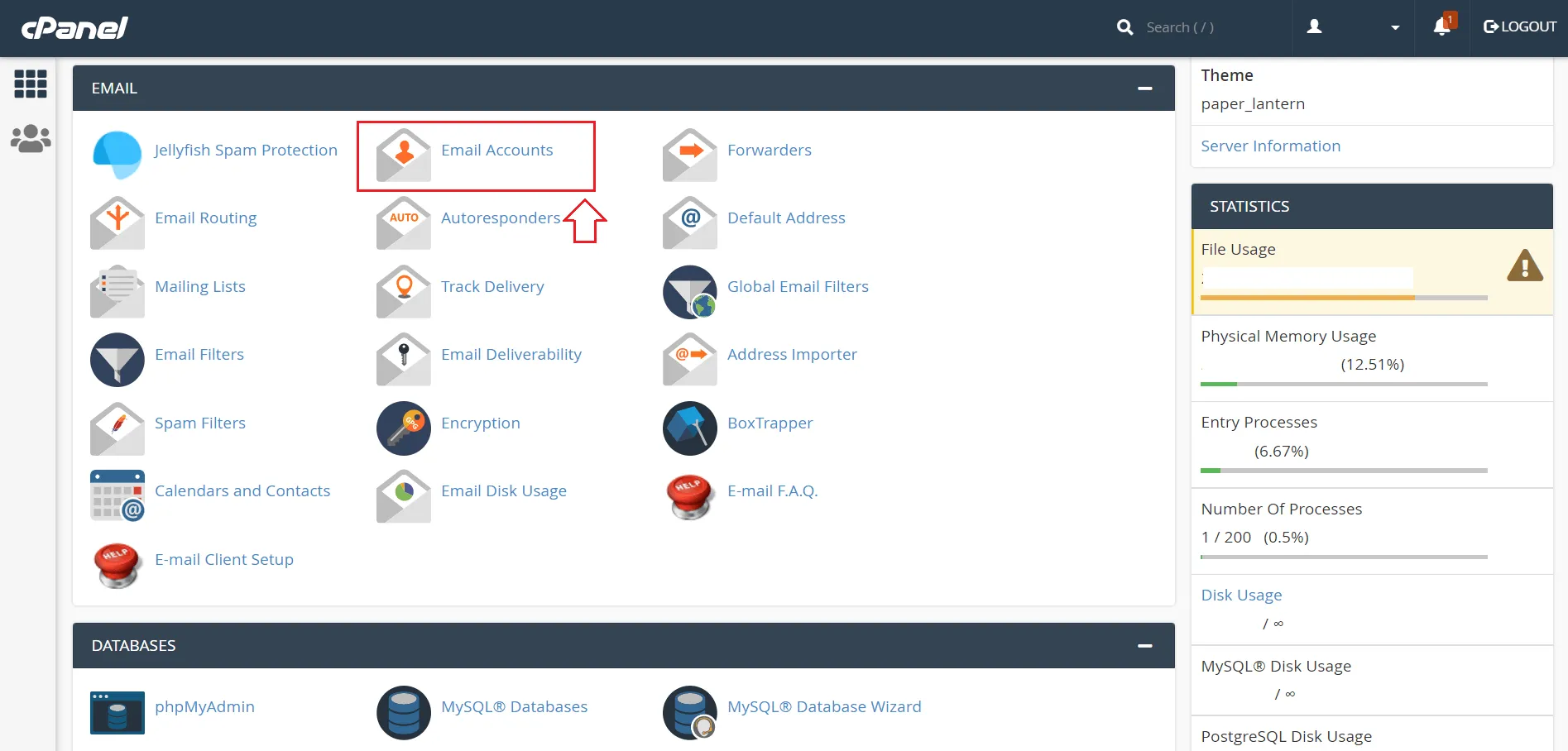 cPanel email dashboard showing email accounts