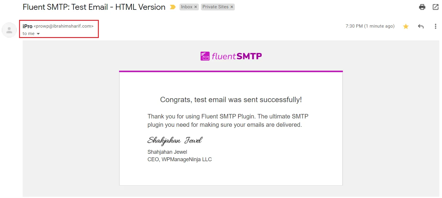 Test email received from cPanel webmail via Fluent SMTP