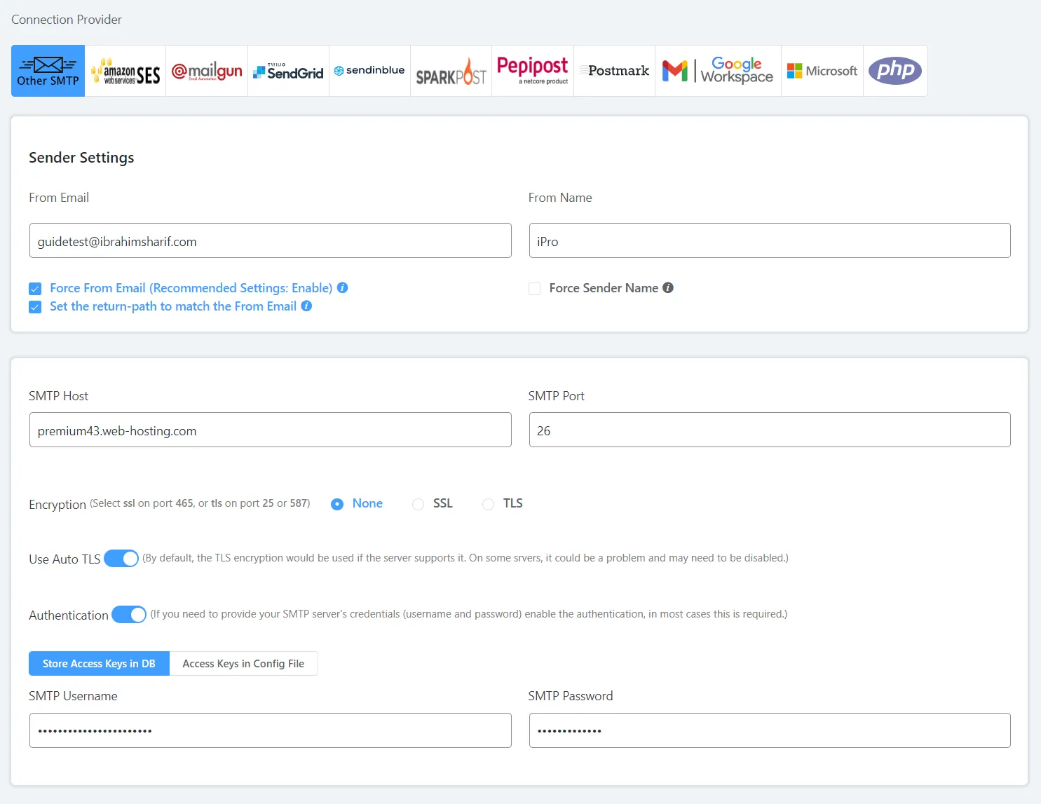 Fluent SMTP settings example for cPanel webmail