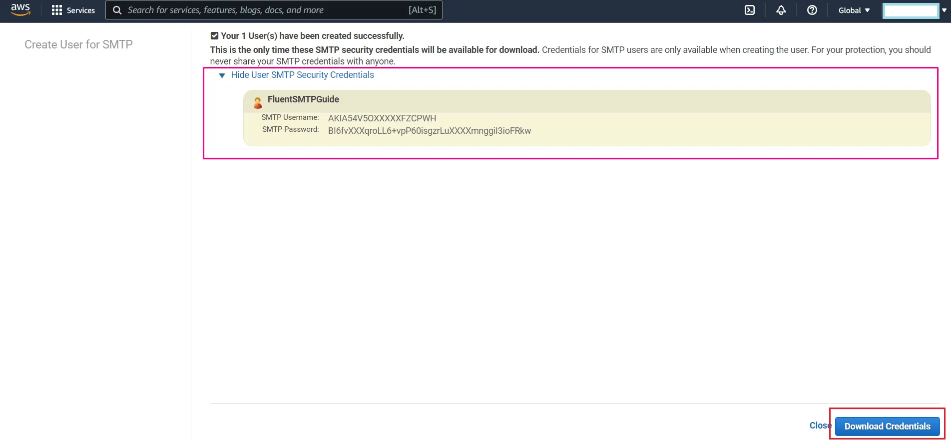SMTP Username and Password Generated in AWS SES