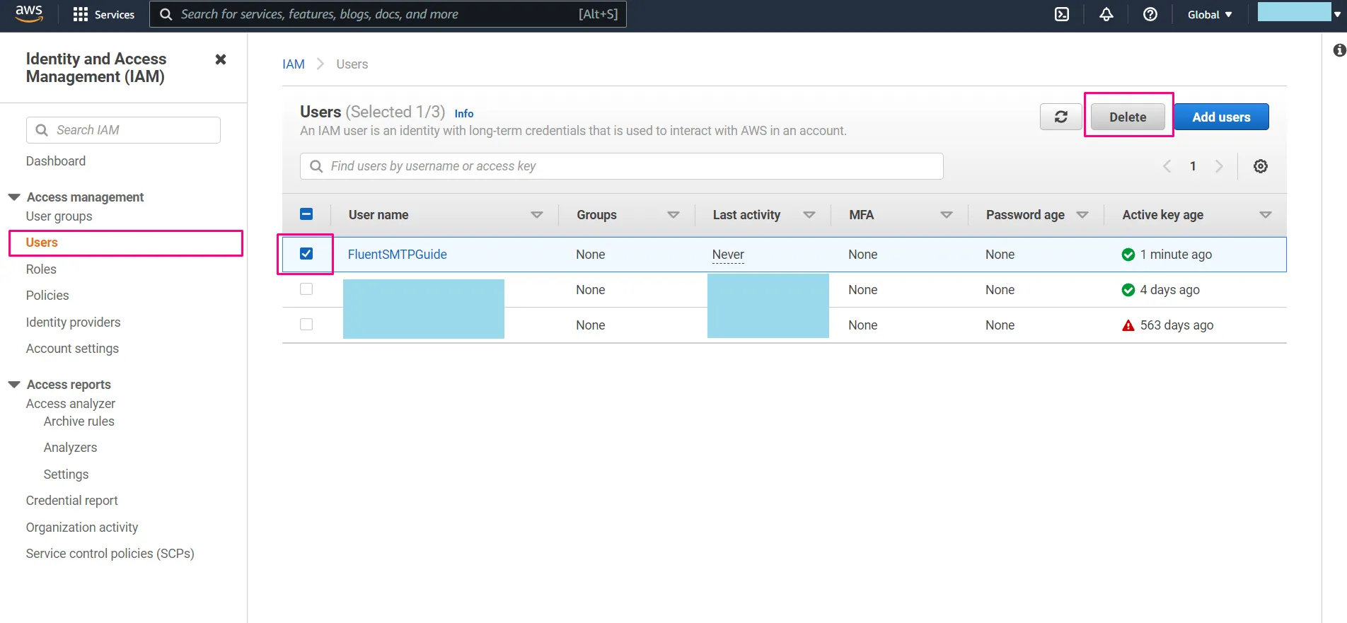 Deleting an SMTP user in AWS SES