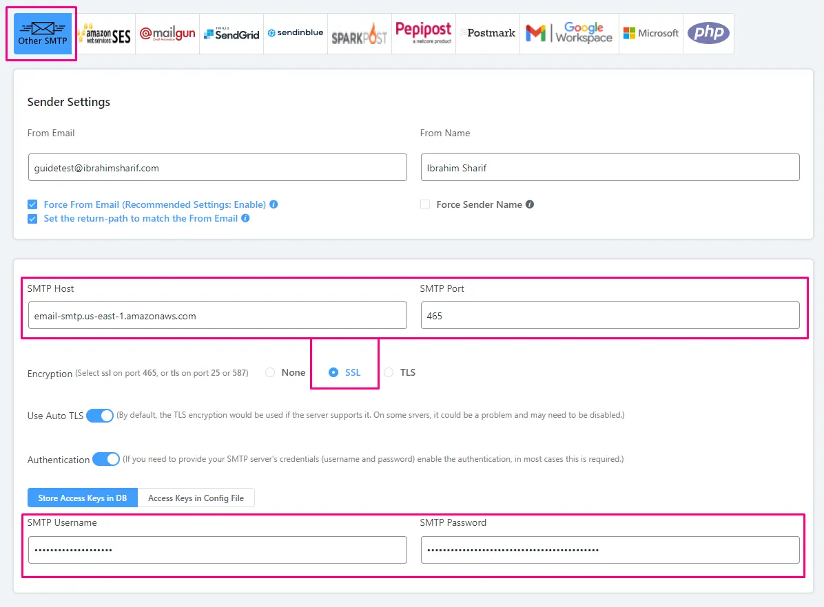 Fluent SMTP AWS SES Settings Example
