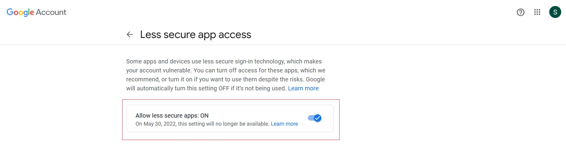 Allow less secure apps enabled in Google Account