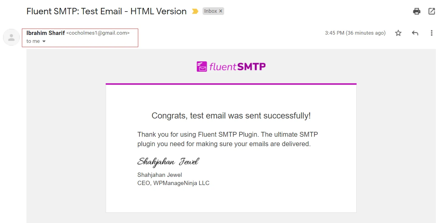 Test email received from Gmail via Fluent SMTP