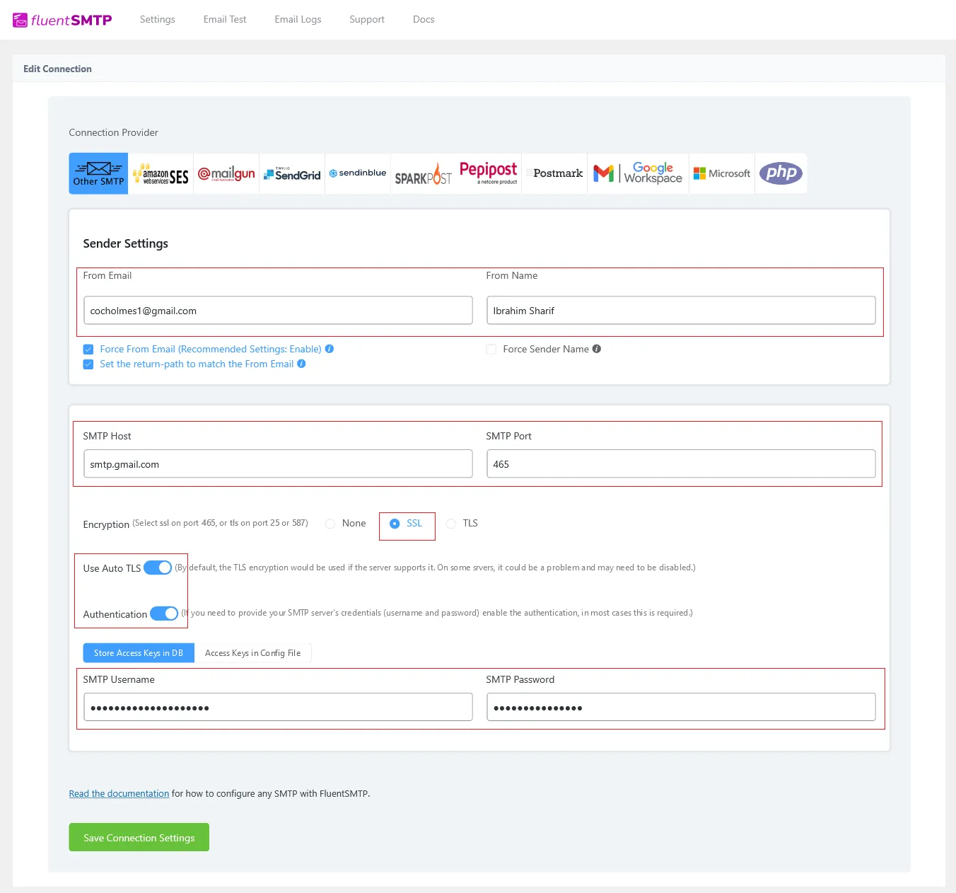 Fluent SMTP Gmail settings example