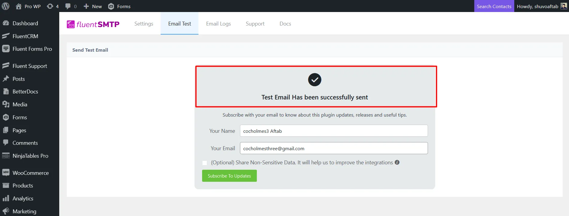 Fluent SMTP test email sent successfully (generic screenshot)