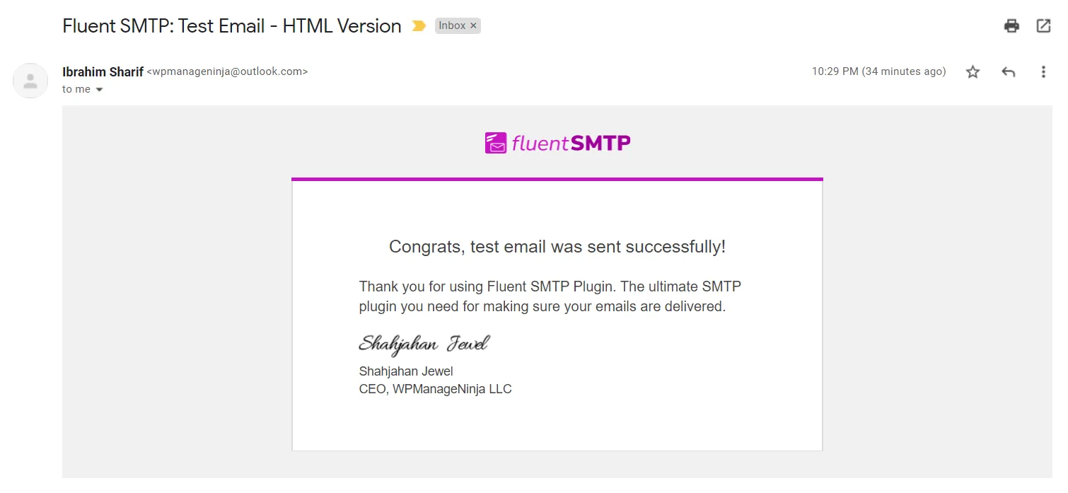 Test email received from Outlook via Fluent SMTP