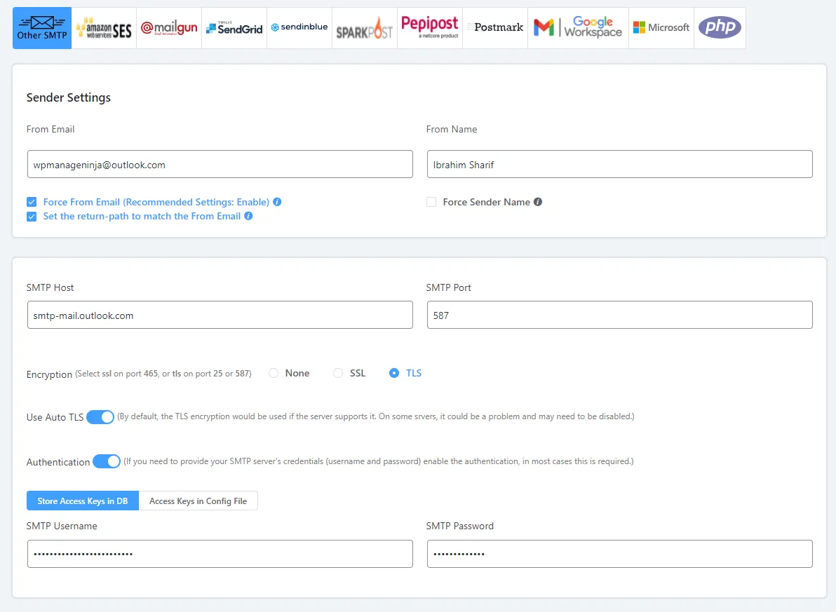 Fluent SMTP Outlook settings example