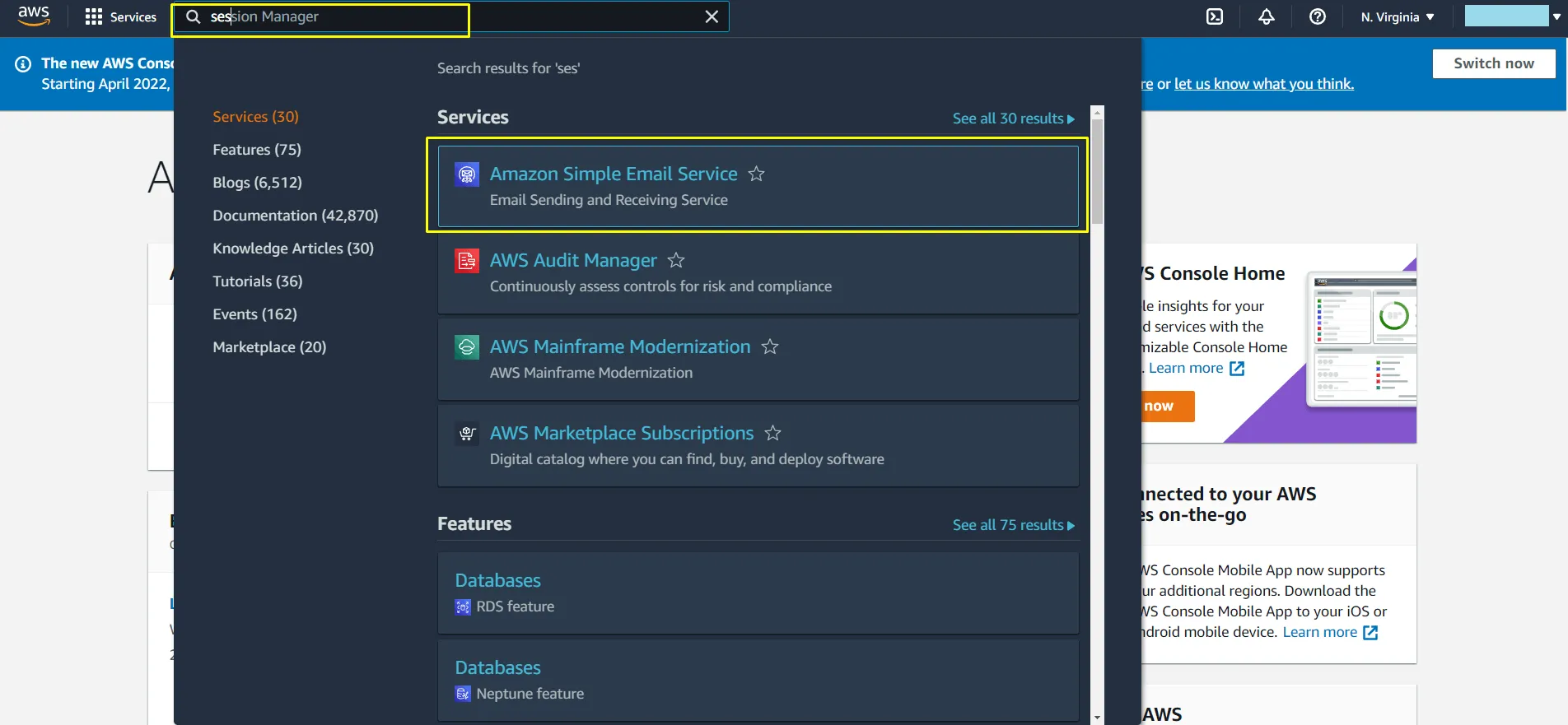 Searching for SES in AWS Console