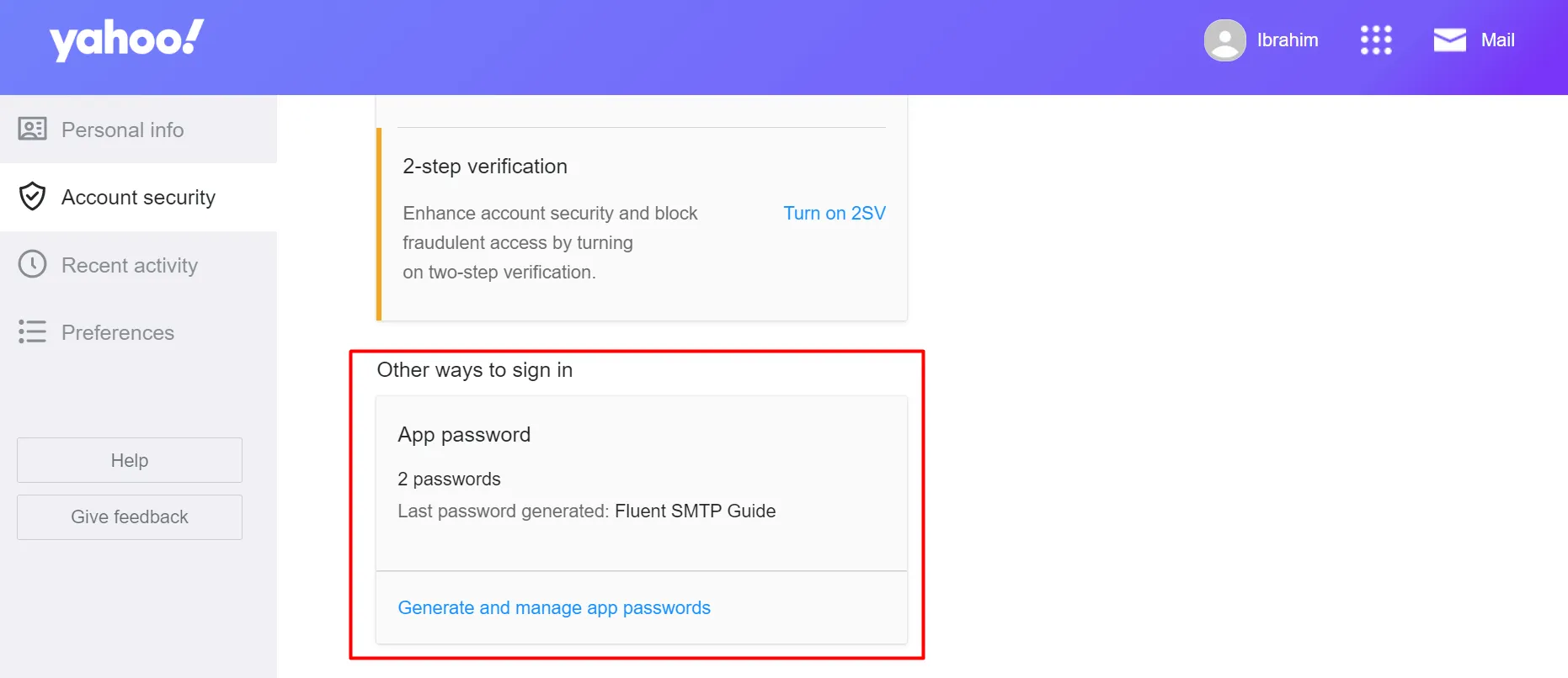 Yahoo generate app password page