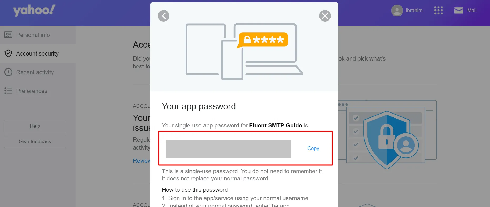 Yahoo generated app password key