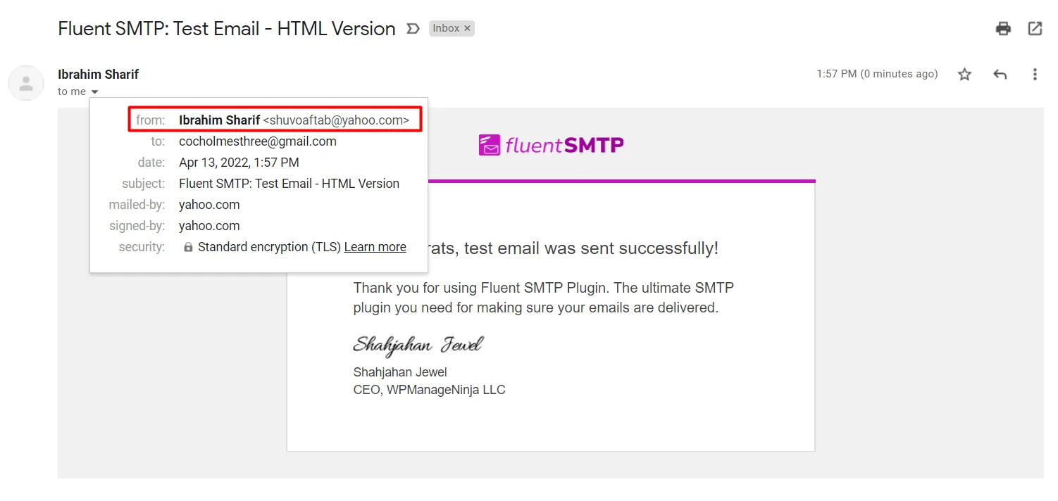 Test email received from Yahoo via Fluent SMTP