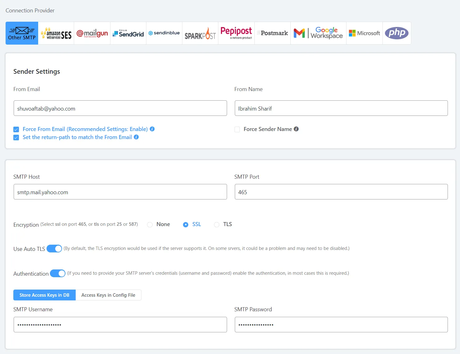 Fluent SMTP Yahoo settings example