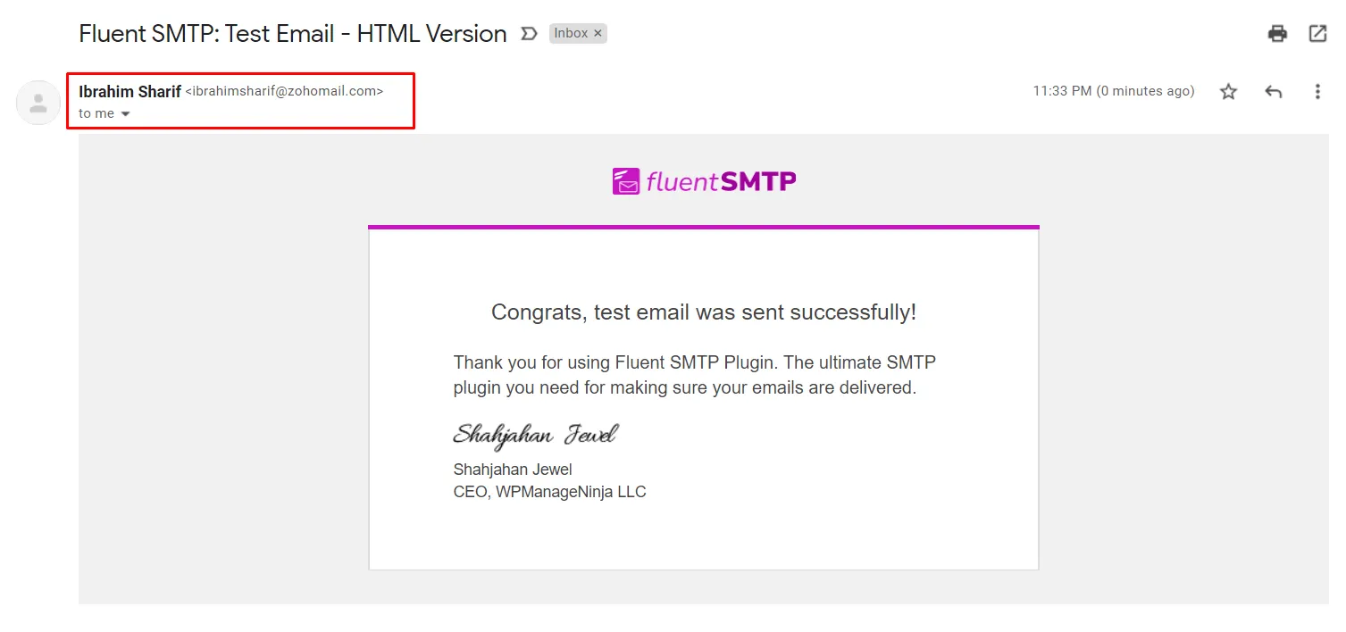 Test email received from Zoho Mail via Fluent SMTP