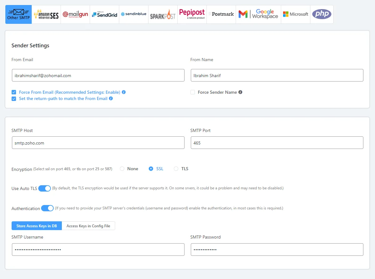 Fluent SMTP Zoho Mail settings example