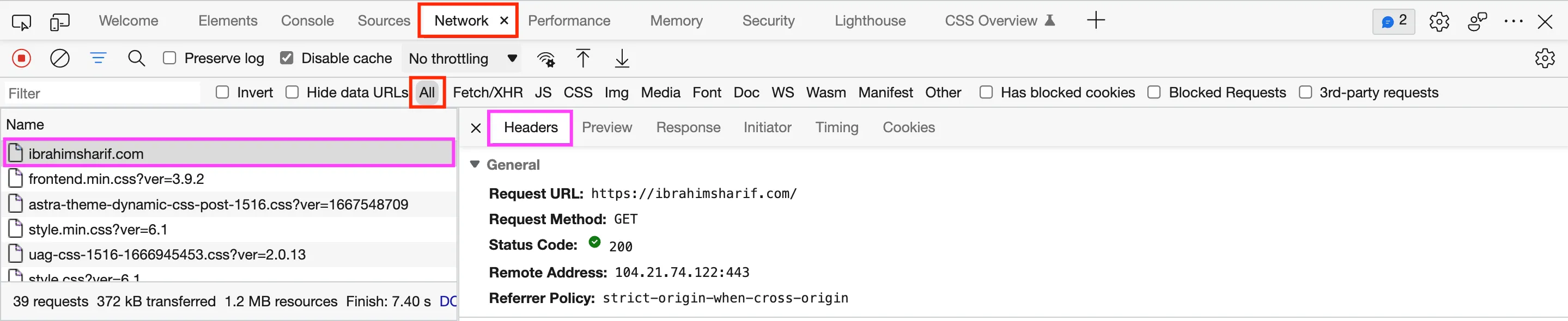 Page HTTP headers in Network tab