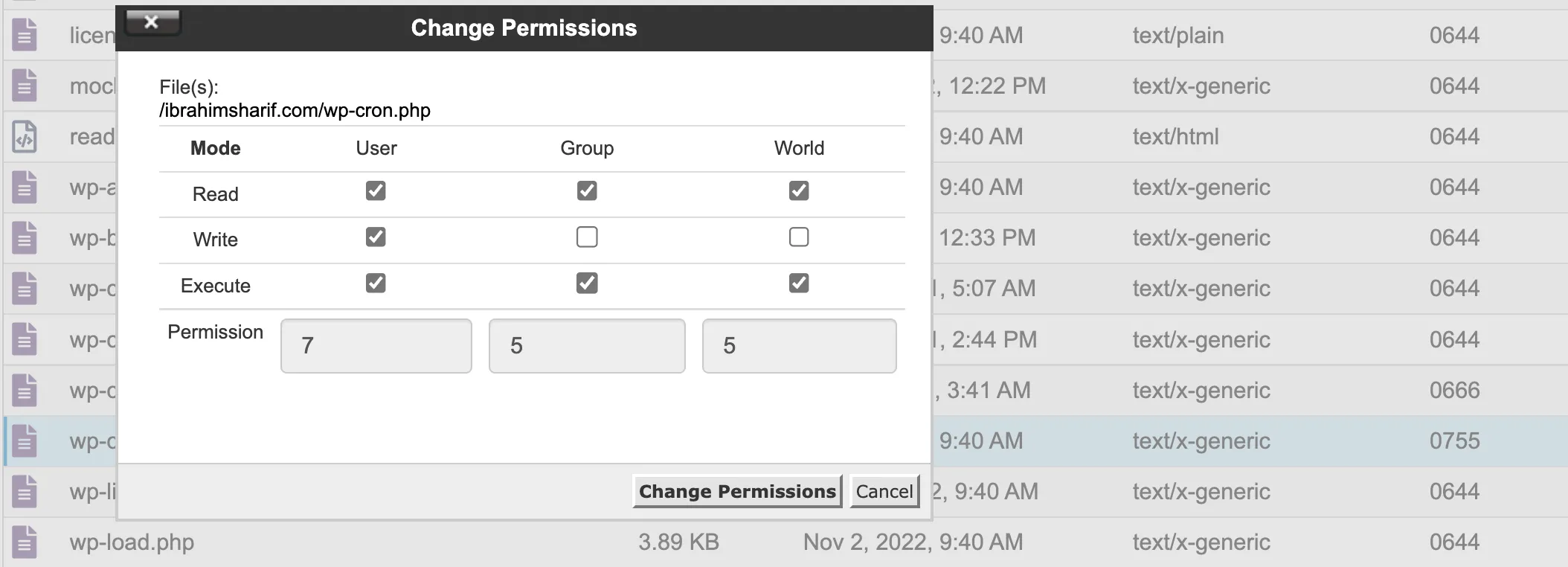 File permission set to 755 for wp-cron.php